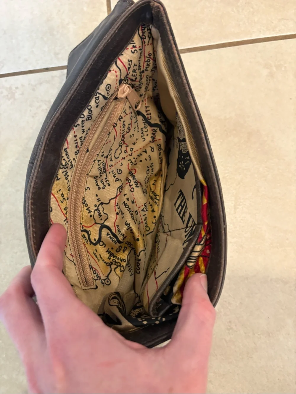 Distressed Brown Leather Foldover Clutch Wristlet with Map Print Lining